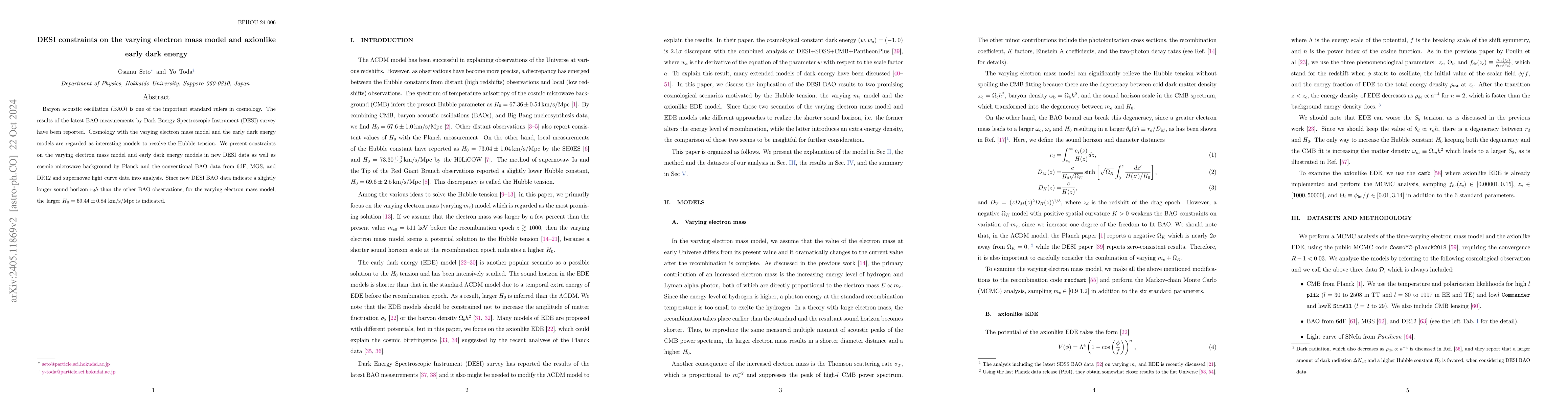 Thumbnail for DESI constraints on varying electron mass model and axion-like early
  dark energy