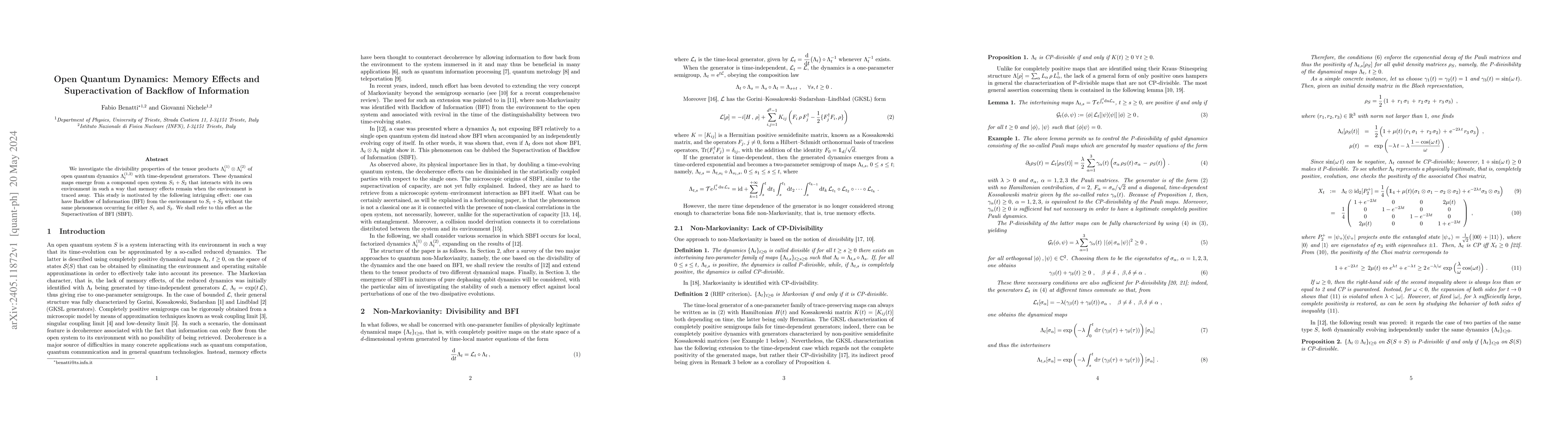 Thumbnail for Open Quantum Dynamics: Memory Effects and Superactivation of Backflow of
  Information