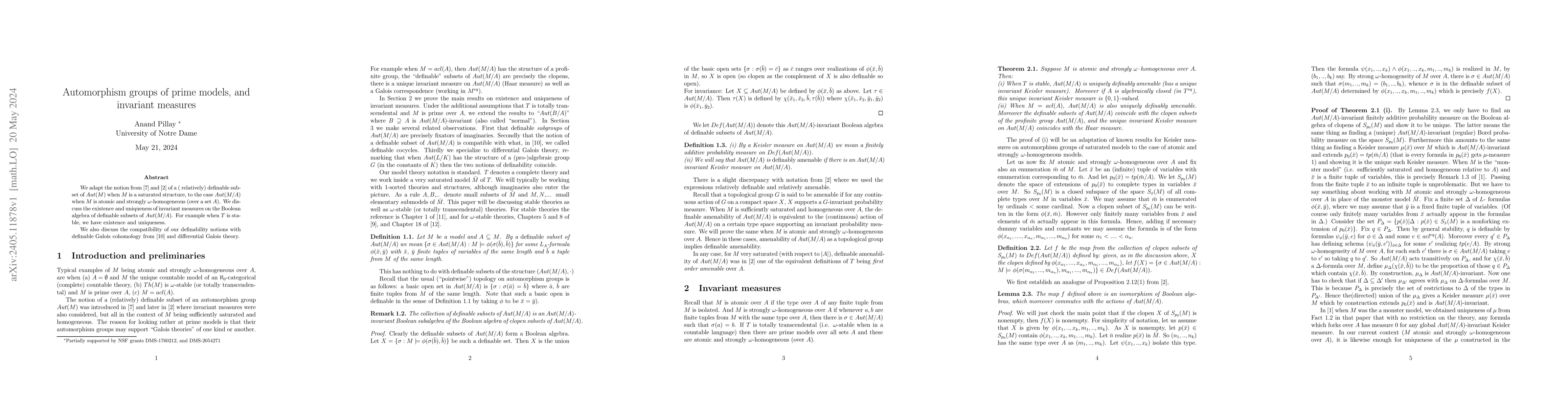 Thumbnail for Automorphism groups of prime models, and invariant measures