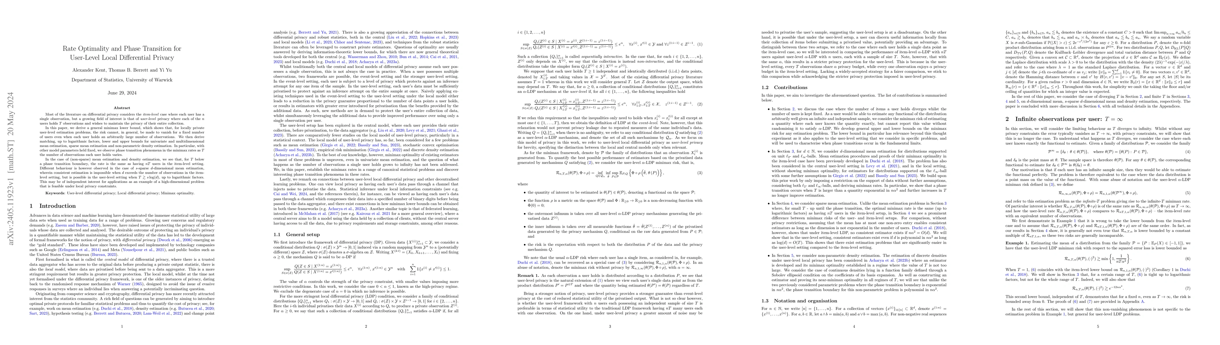 Thumbnail for Rate Optimality and Phase Transition for User-Level Local Differential
  Privacy