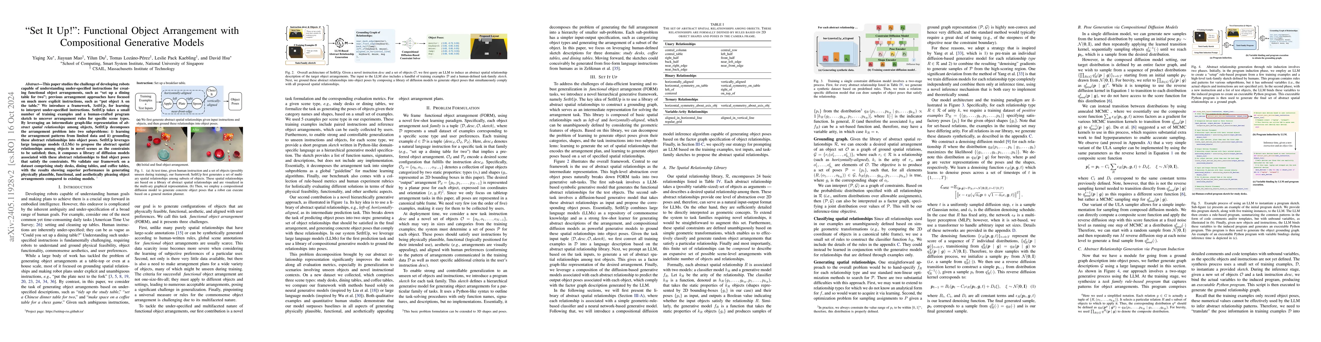 Thumbnail for "Set It Up!": Functional Object Arrangement with Compositional
  Generative Models
