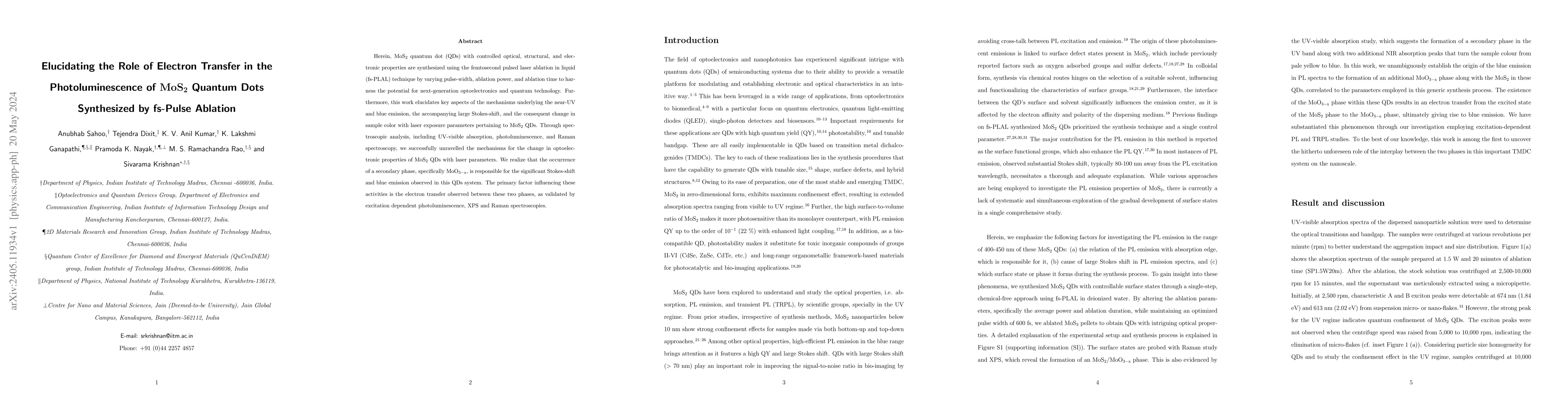 Thumbnail for Elucidating the role of electron transfer in the photoluminescence of
  $\mathrm{MoS_{2}}$ quantum dots synthesized by fs-pulse ablation