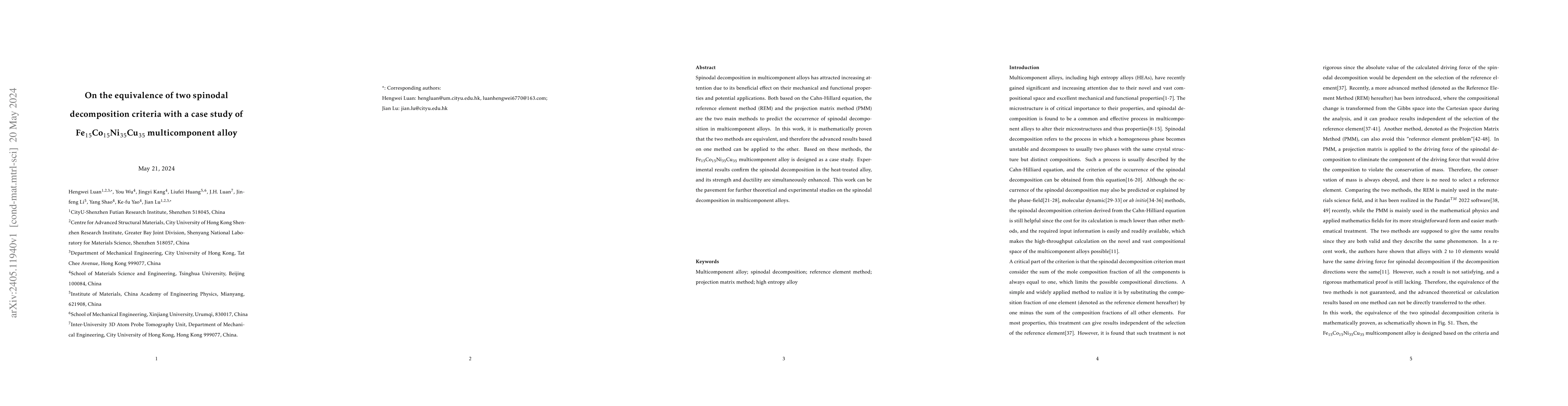 Thumbnail for On the equivalence of two spinodal decomposition criteria with a case
  study of Fe${}_{15}$Co${}_{15}$Ni${}_{35}$Cu${}_{35}$ multicomponent alloy