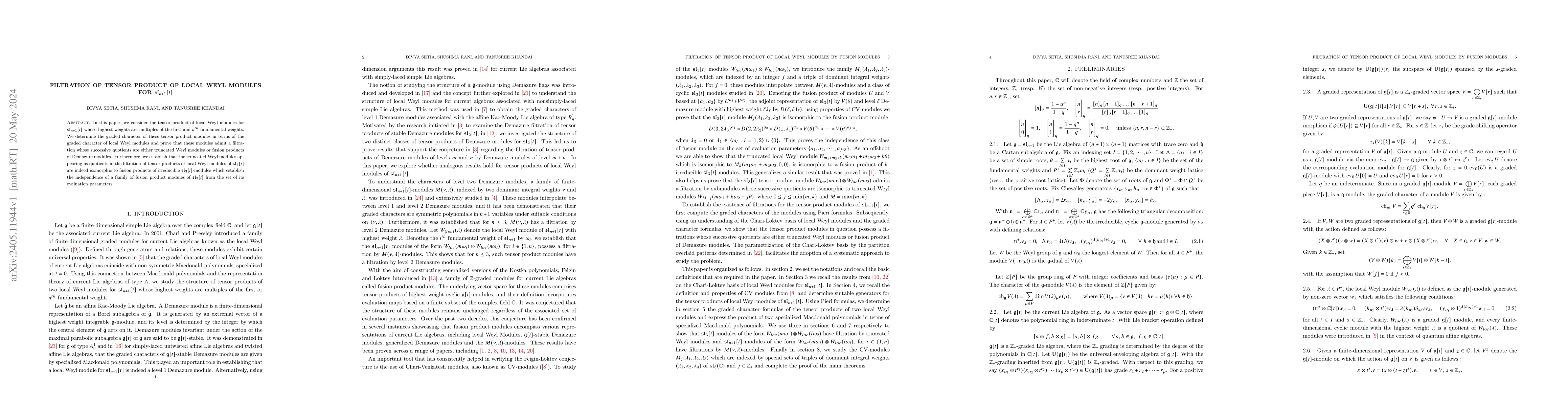 Thumbnail for Filtration of tensor product of local Weyl modules for
  $\mathfrak{sl}_{n+1}[t]$