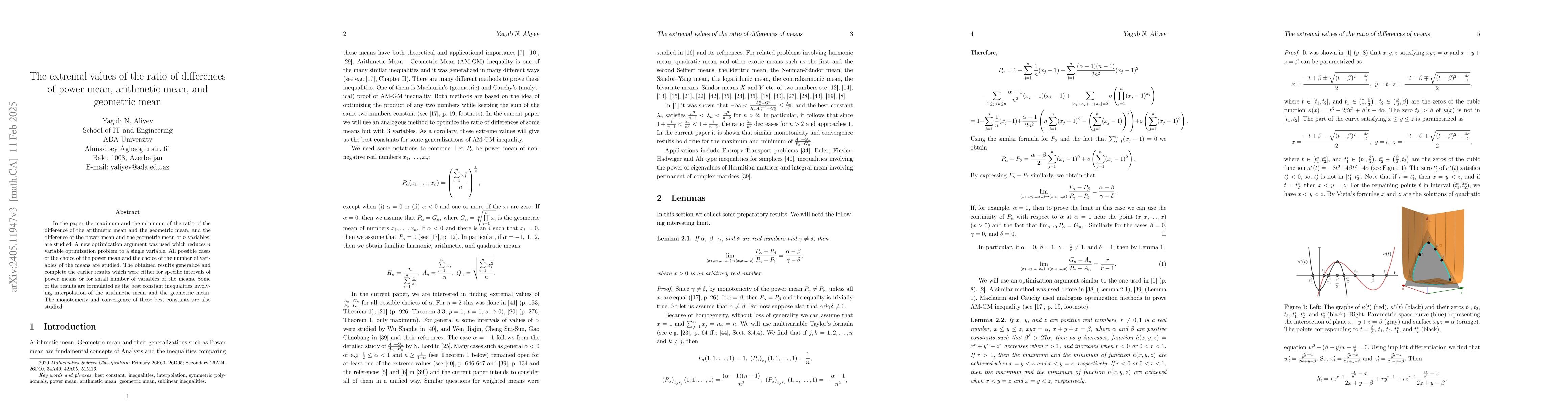 Thumbnail for The extremal values of the ratio of differences of power mean,
  arithmetic mean, and geometric mean