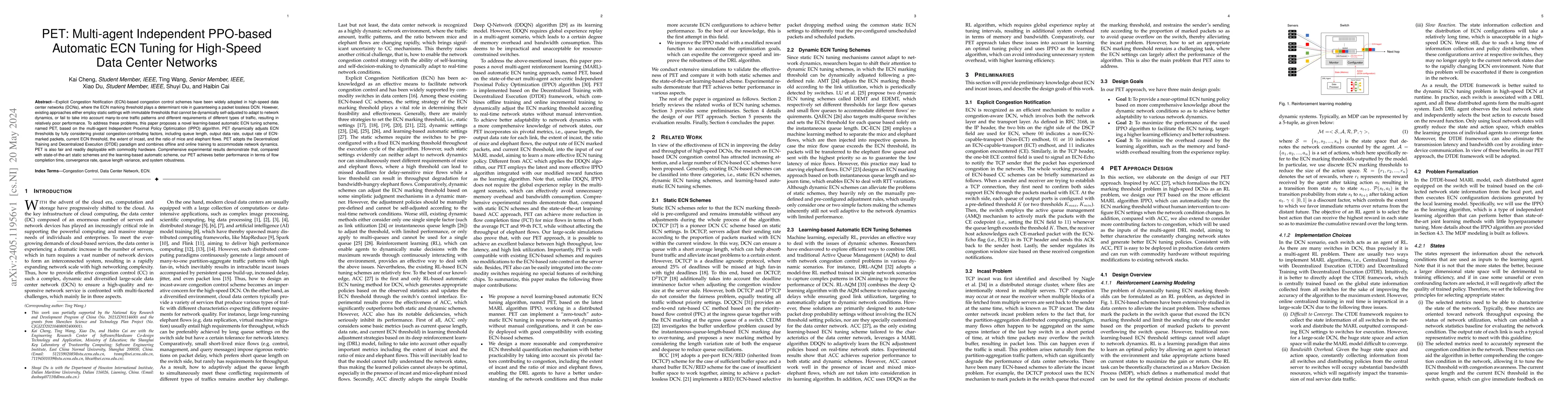 Thumbnail for PET: Multi-agent Independent PPO-based Automatic ECN Tuning for
  High-Speed Data Center Networks