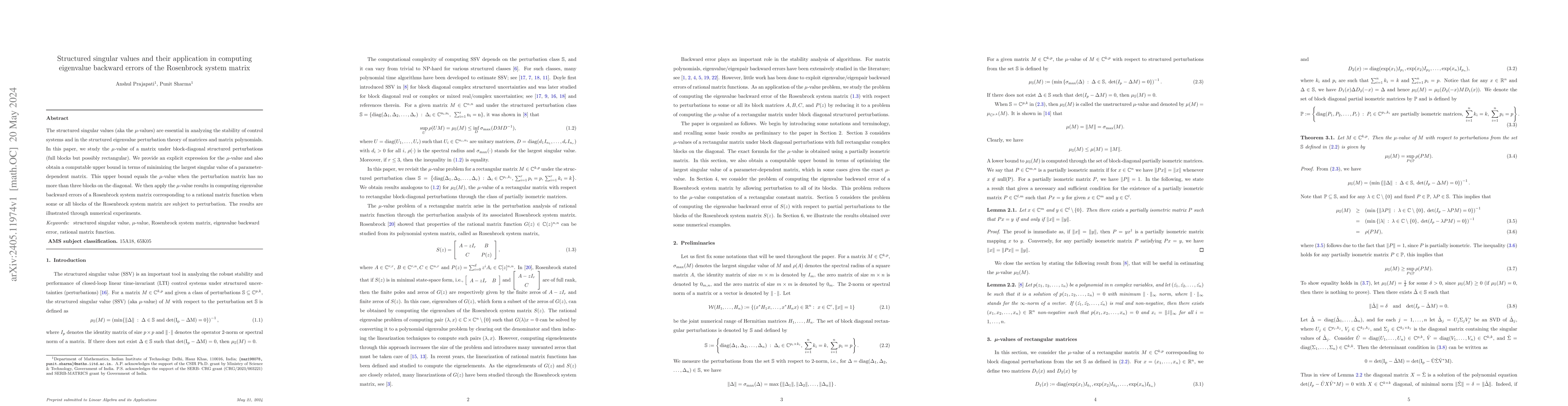 Thumbnail for Structured singular values and their application in computing eigenvalue
  backward errors of the Rosenbrock system matrix