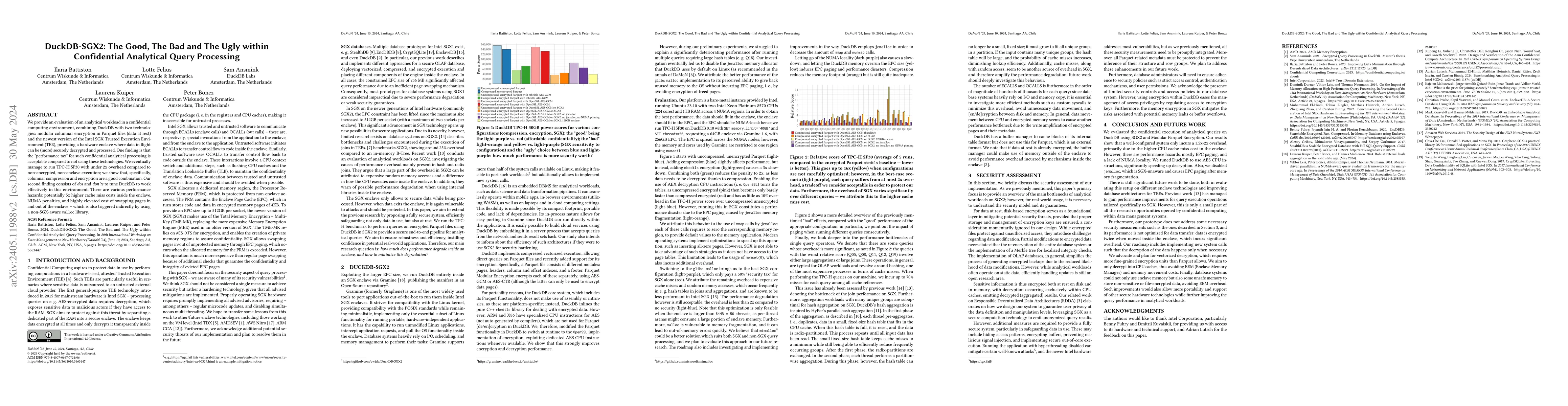 Thumbnail for DuckDB-SGX2: The Good, The Bad and The Ugly within Confidential
  Analytical Query Processing