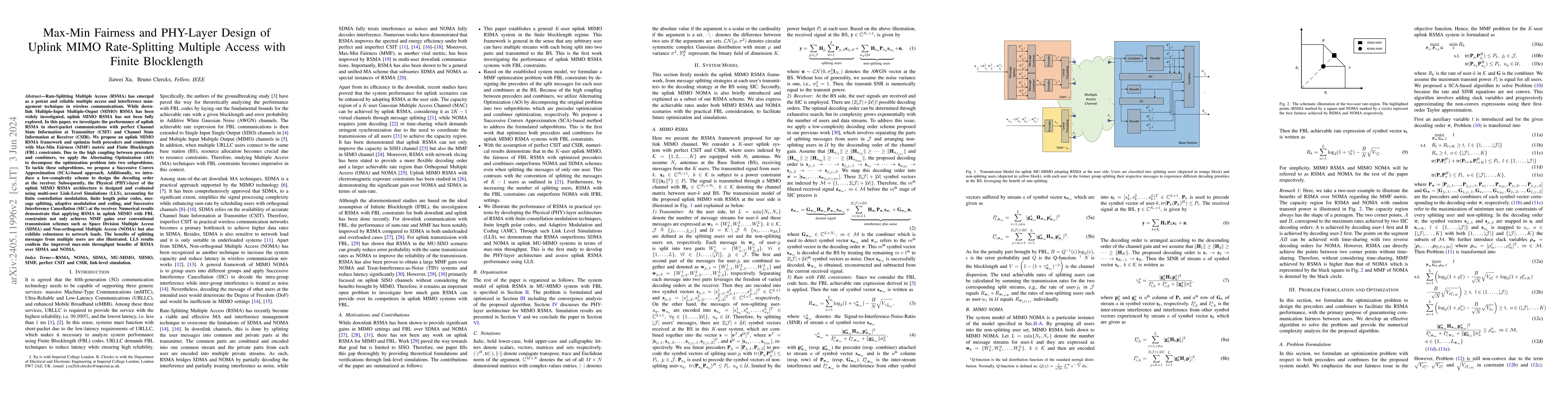 Thumbnail for Max-Min Fairness and PHY-Layer Design of Uplink MIMO Rate-Splitting
  Multiple Access with Finite Blocklength