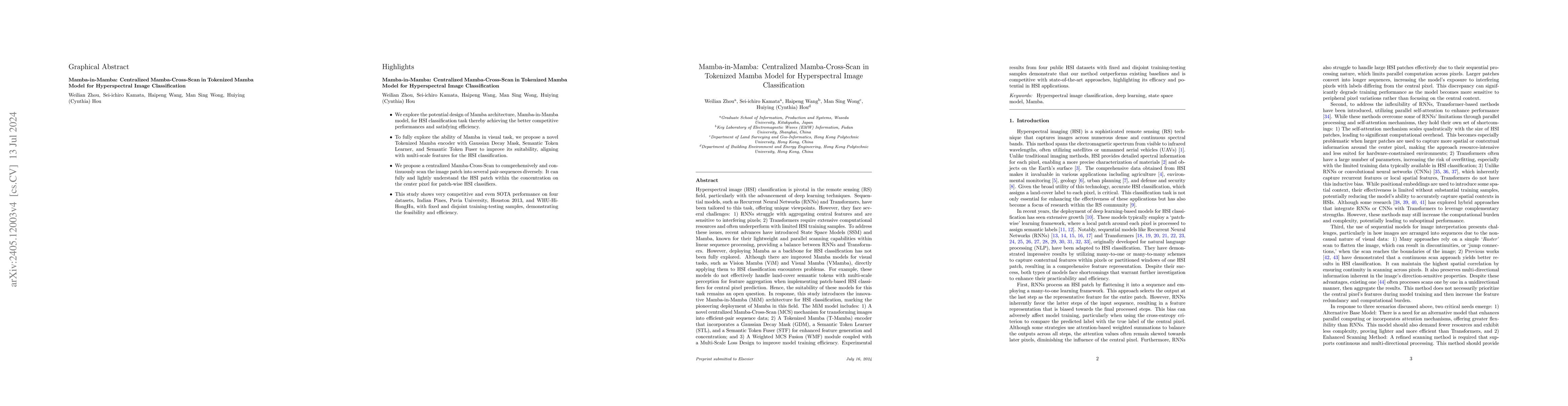 Thumbnail for Mamba-in-Mamba: Centralized Mamba-Cross-Scan in Tokenized Mamba Model
  for Hyperspectral Image Classification