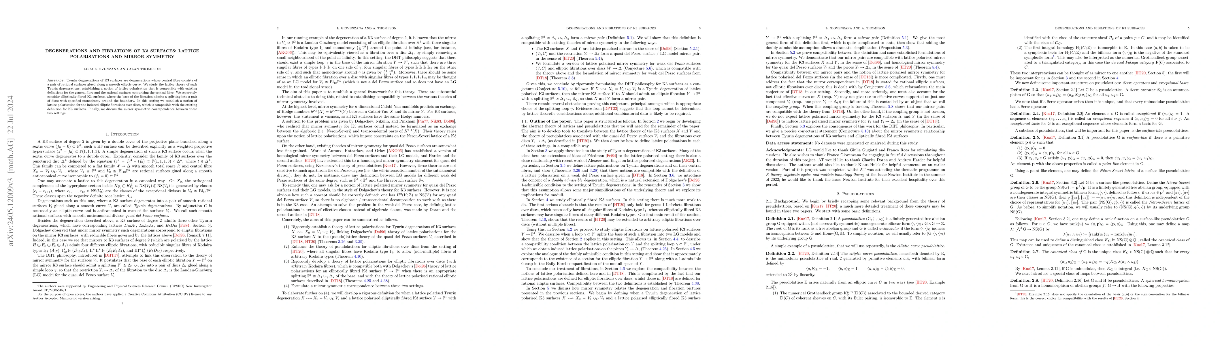 Thumbnail for Degenerations and Fibrations of K3 Surfaces: Lattice Polarisations and
  Mirror Symmetry