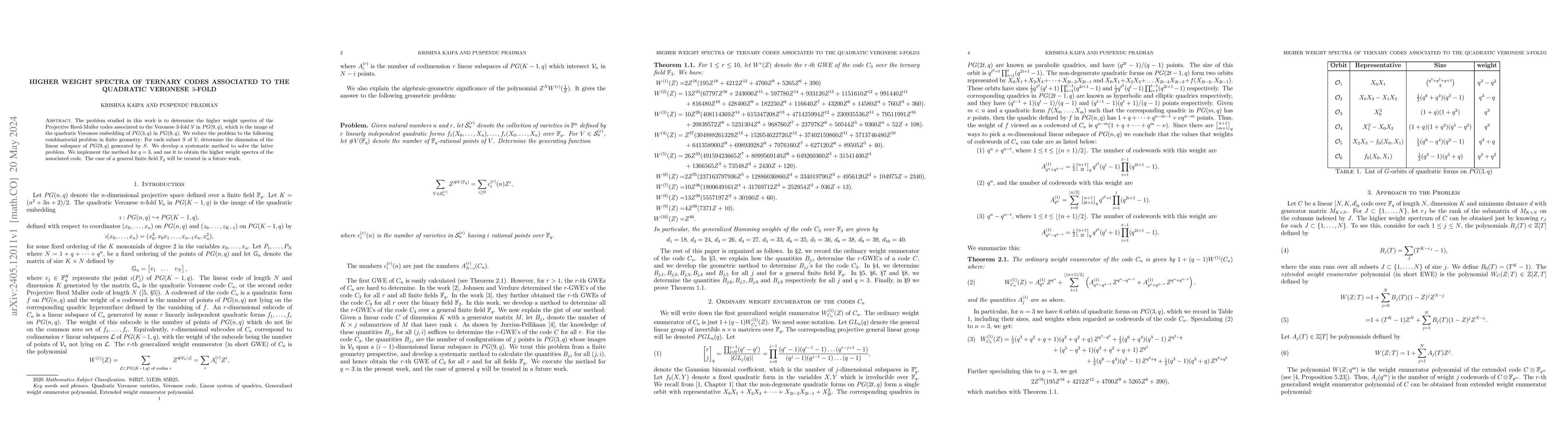 Thumbnail for Higher weight spectra of ternary codes associated to the quadratic
  Veronese $3$-fold