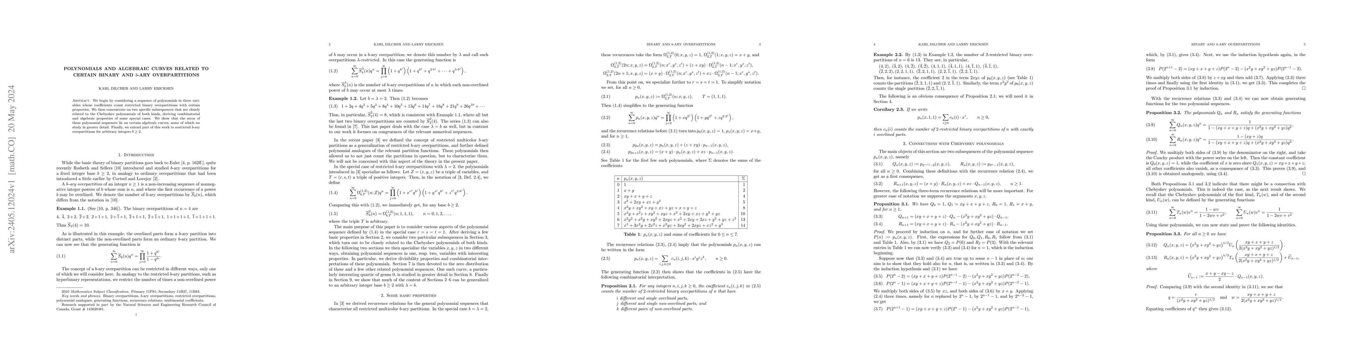Thumbnail for Polynomials and algebraic curves related to certain binary and $b$-ary
  overpartitions