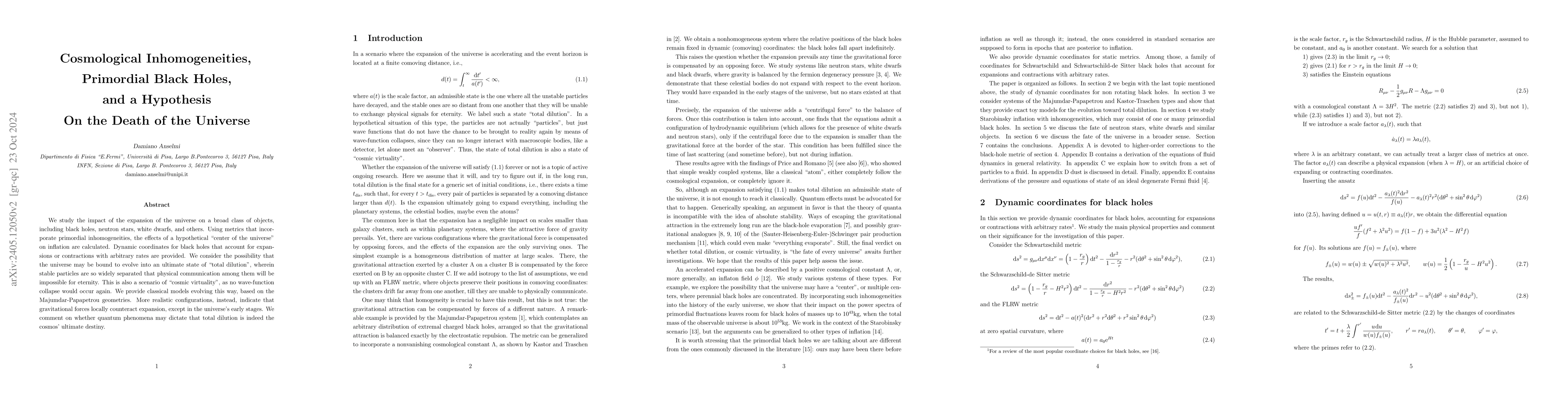 Thumbnail for Cosmological inhomogeneities, primordial black holes, and a hypothesis
  on the death of the universe