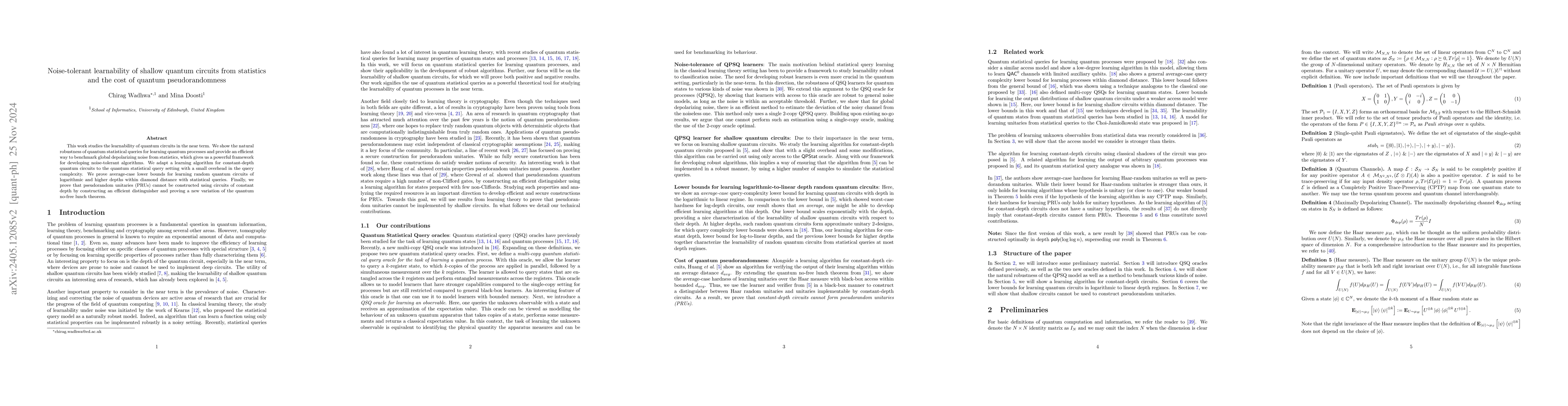 Thumbnail for Noise-tolerant learnability of shallow quantum circuits from statistics
  and the cost of quantum pseudorandomness