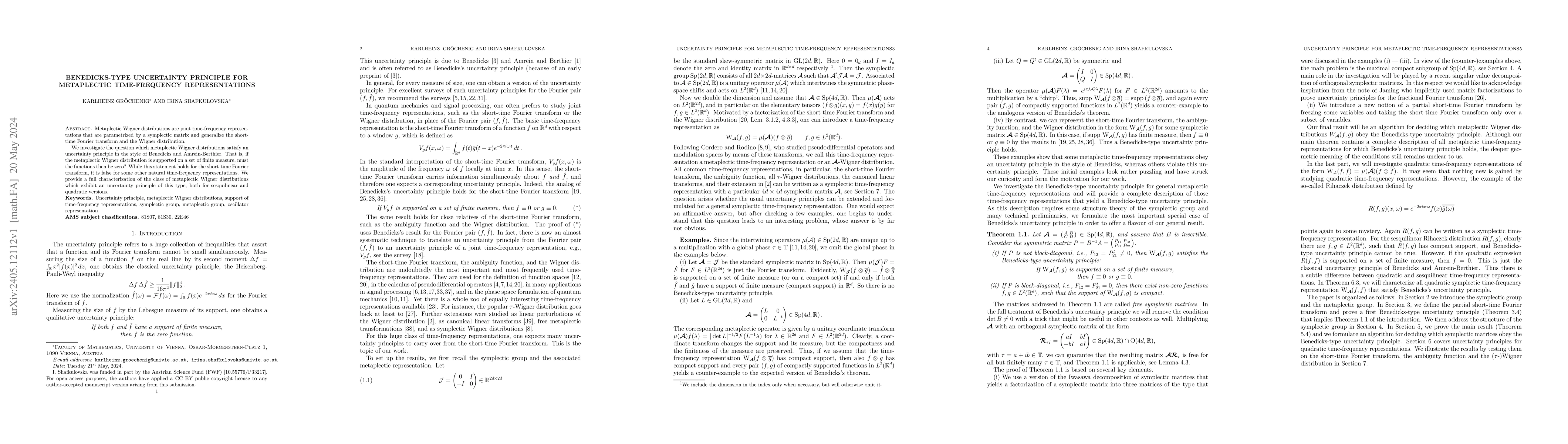 Thumbnail for Benedicks-type uncertainty principle for metaplectic time-frequency
  representations