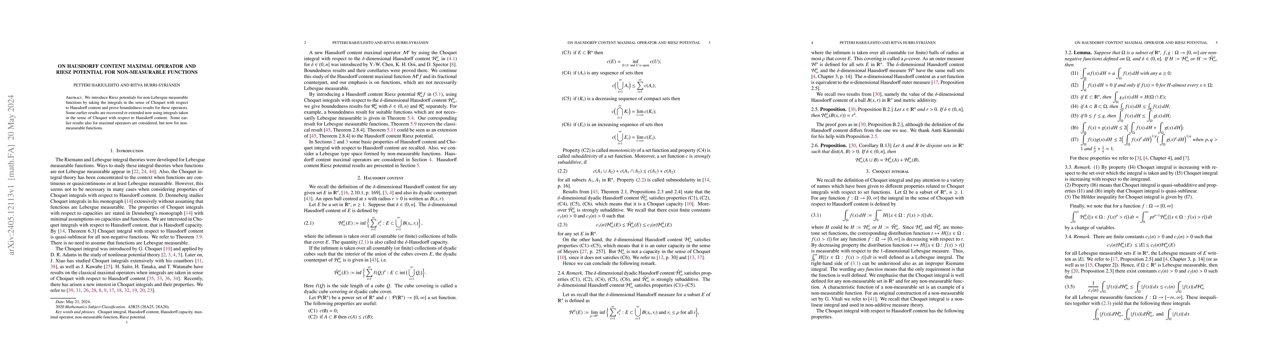 Thumbnail for On Hausdorff content maximal operator and Riesz potential for
  non-measurable functions