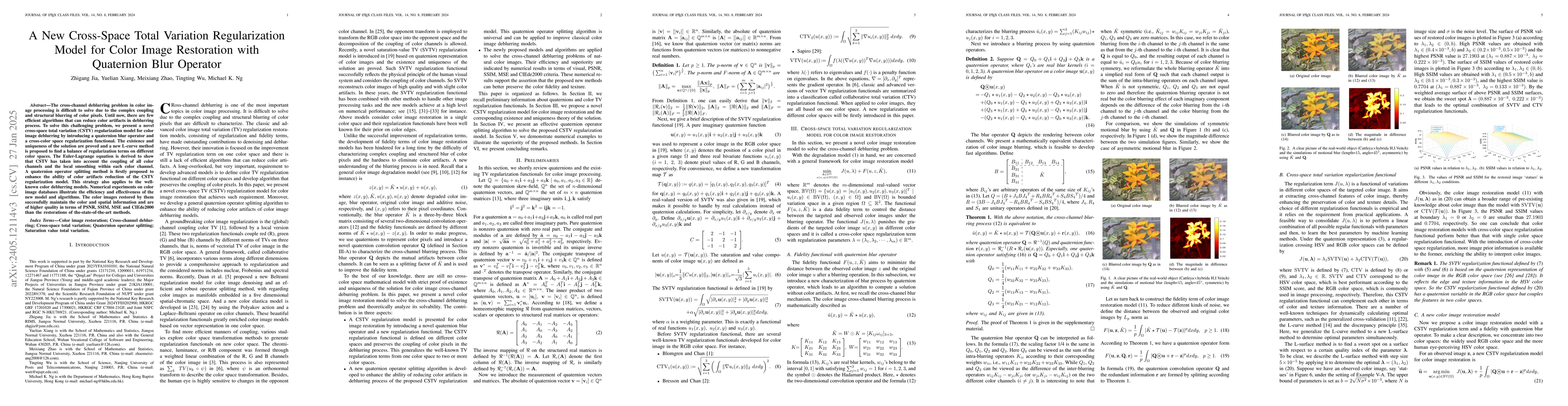 Thumbnail for A New Cross-Space Total Variation Regularization Model for Color Image
  Restoration with Quaternion Blur Operator