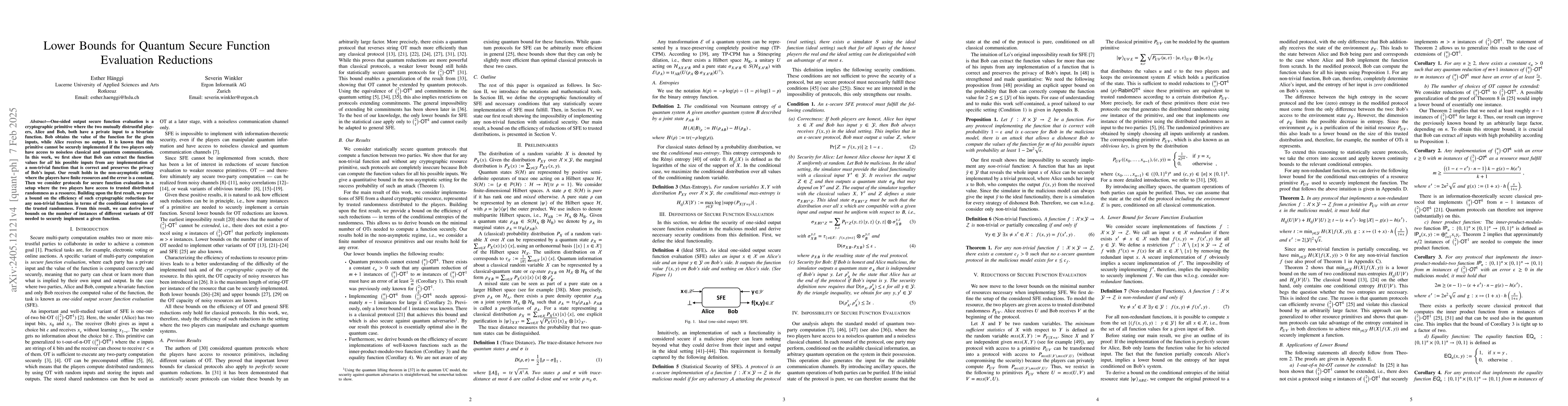 Thumbnail for Insecurity of Quantum Two-Party Computation with Applications to
  Cheat-Sensitive Protocols and Oblivious Transfer Reductions