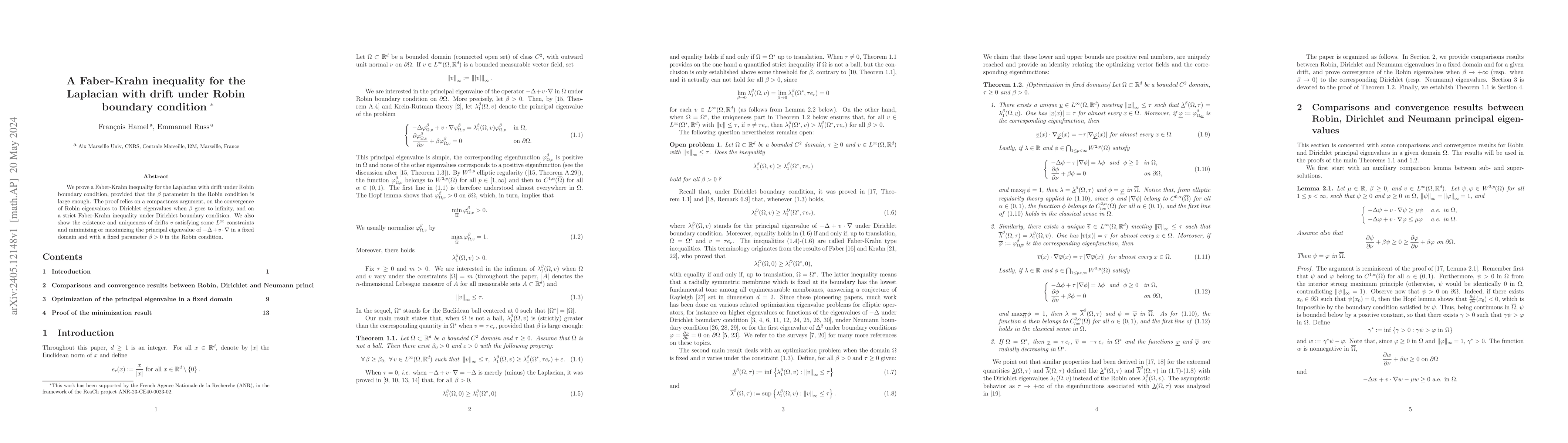 Thumbnail for A Faber-Krahn inequality for the Laplacian with drift under Robin
  boundary condition