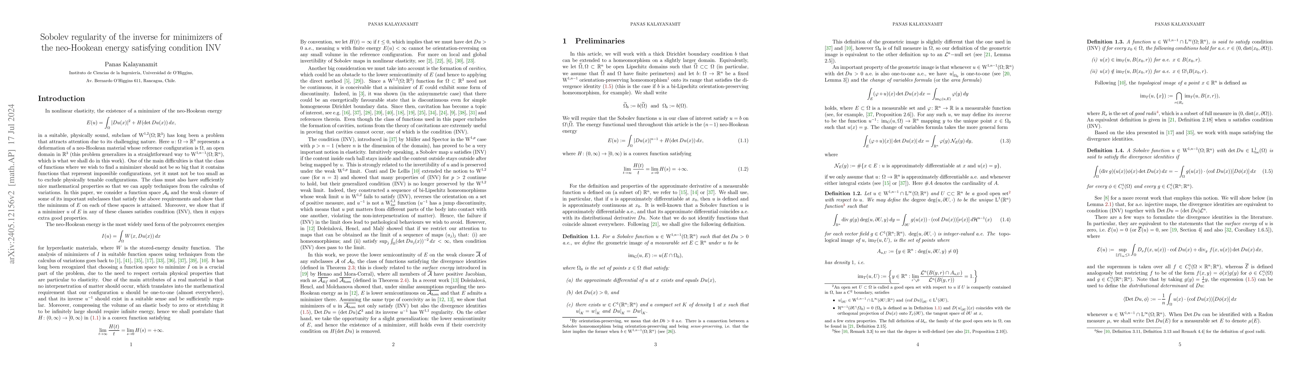 Thumbnail for Sobolev regularity of the inverse for minimizers of the neo-Hookean
  energy satisfying condition INV