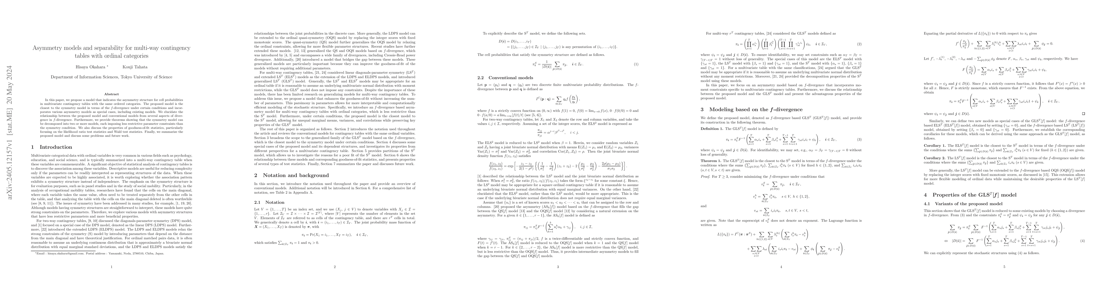 Thumbnail for Asymmetry models and separability for multi-way contingency tables with
  ordinal categories