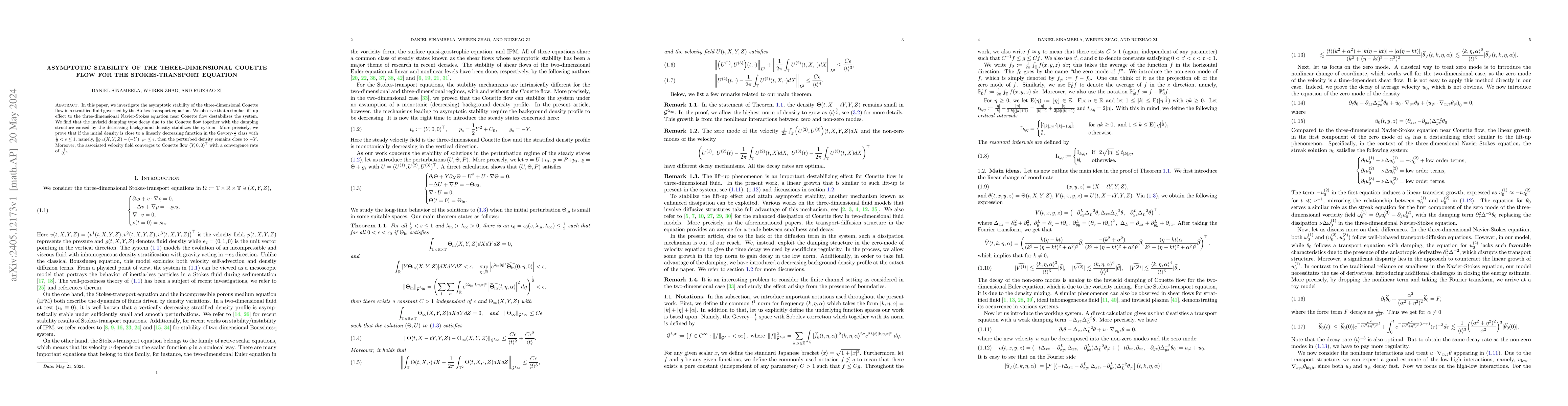 Thumbnail for Asymptotic stability of the three-dimensional Couette flow for the
  Stokes-transport equation