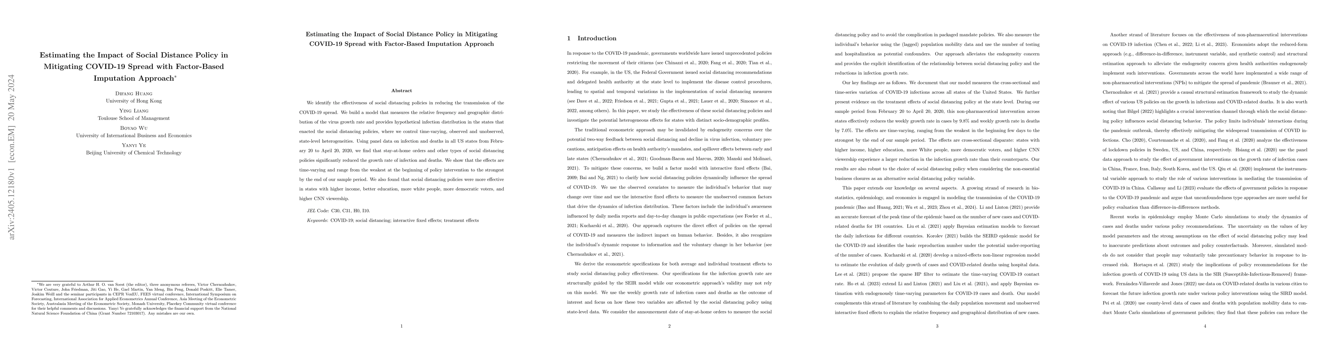 Thumbnail for Estimating the Impact of Social Distance Policy in Mitigating COVID-19
  Spread with Factor-Based Imputation Approach