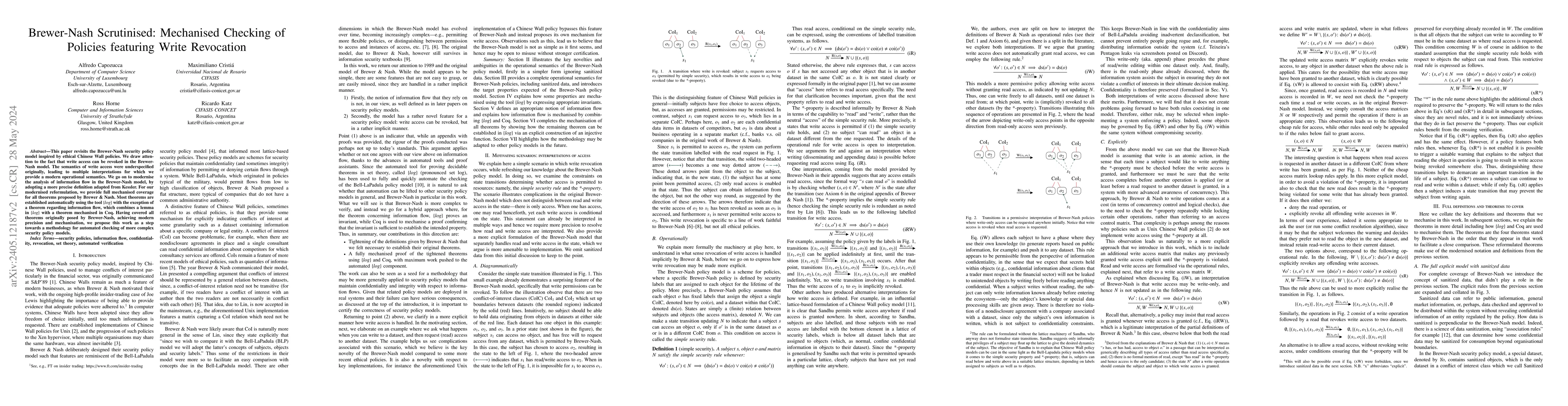 Thumbnail for Brewer-Nash Scrutinised: Mechanised Checking of Policies featuring Write
  Revocation