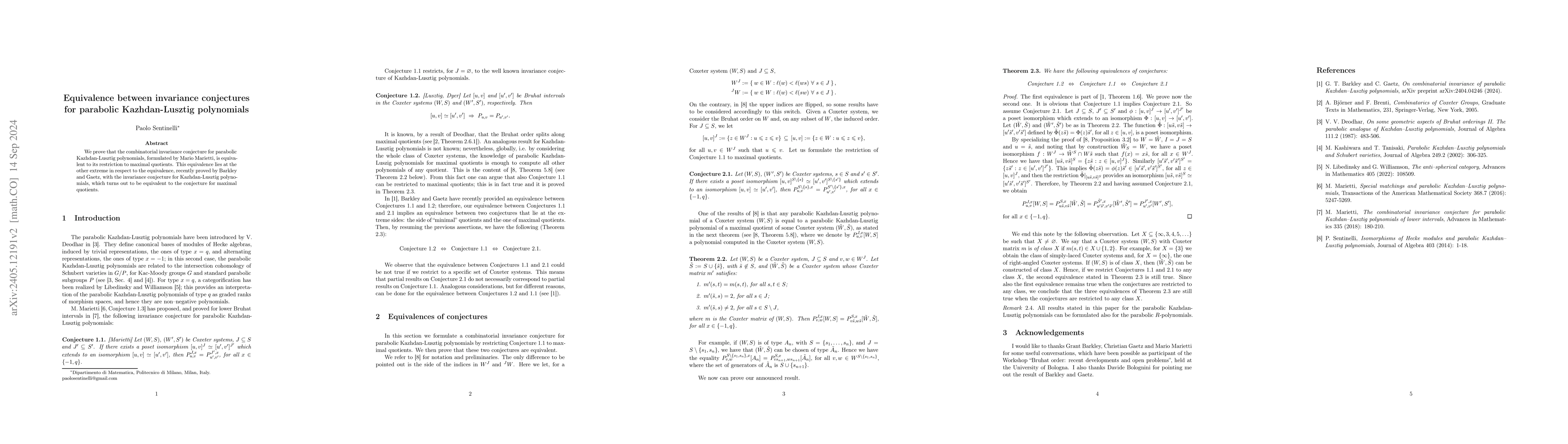Thumbnail for Equivalence between invariance conjectures for parabolic Kazhdan-Lusztig
  polynomials