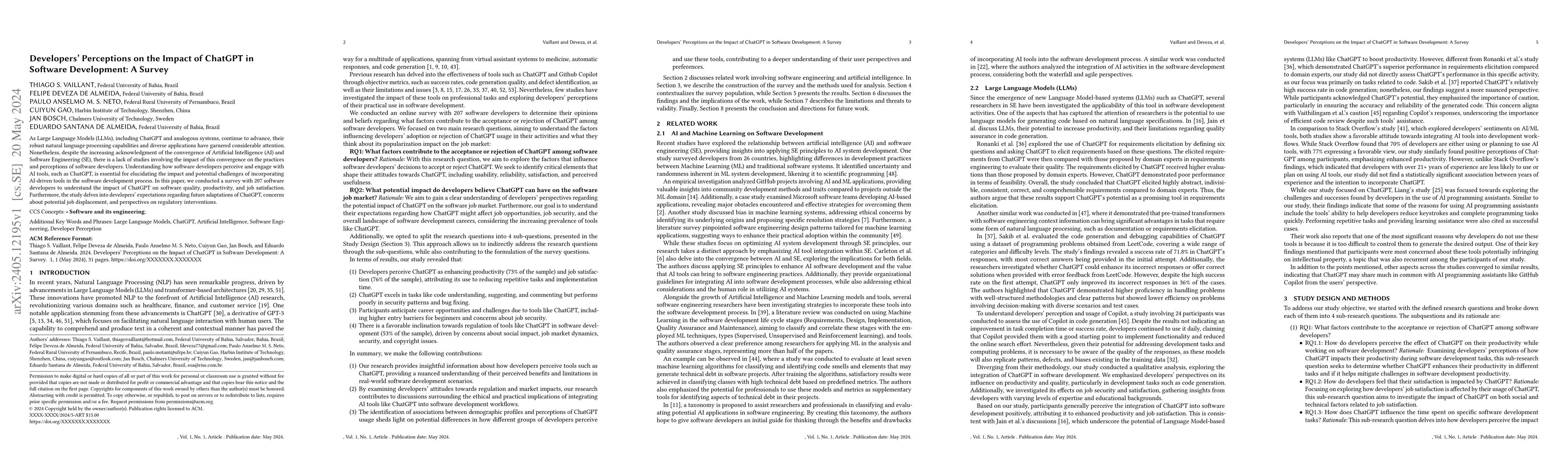 Thumbnail for Developers' Perceptions on the Impact of ChatGPT in Software
  Development: A Survey