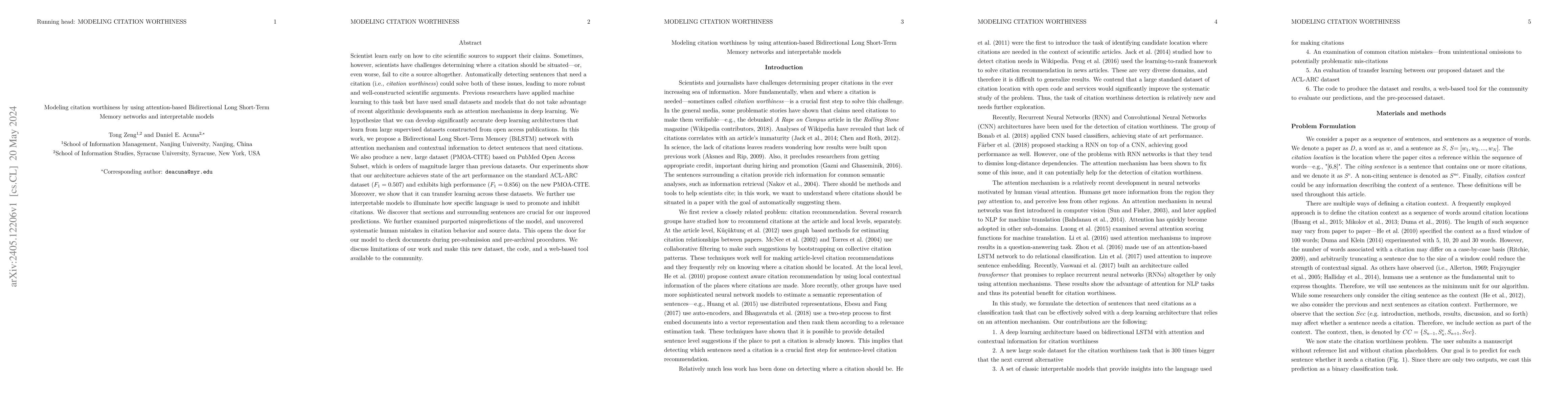 Thumbnail for Modeling citation worthiness by using attention-based bidirectional long
  short-term memory networks and interpretable models