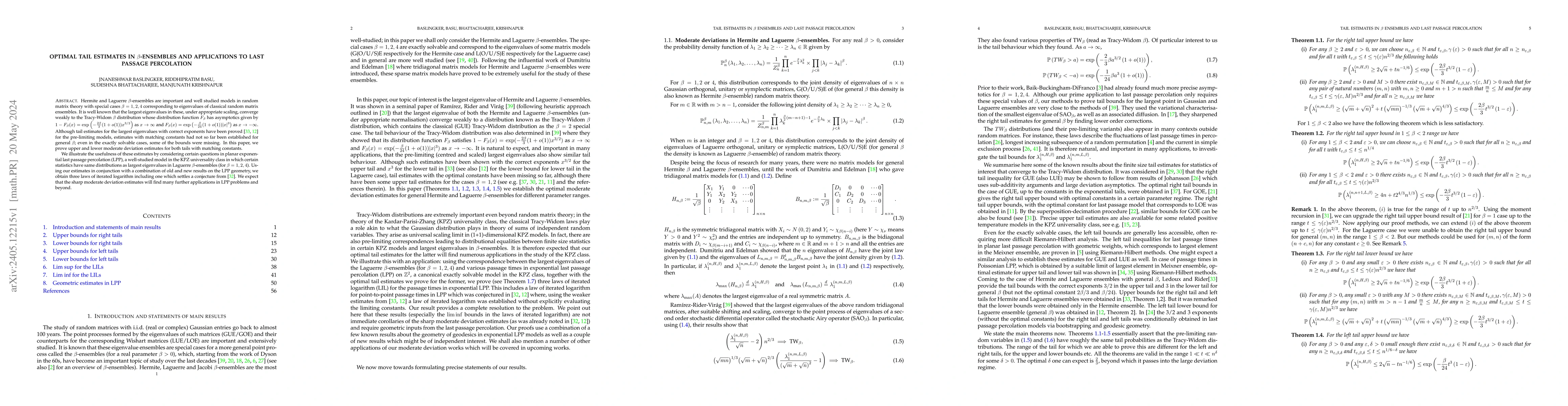 Thumbnail for Optimal tail estimates in $\beta$-ensembles and applications to last
  passage percolation
