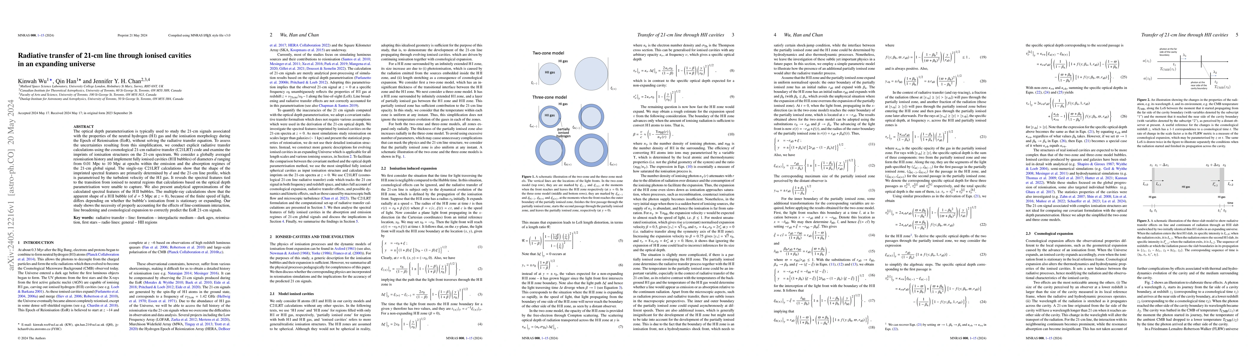 Thumbnail for Radiative transfer of 21-cm line through ionised cavities in an
  expanding universe