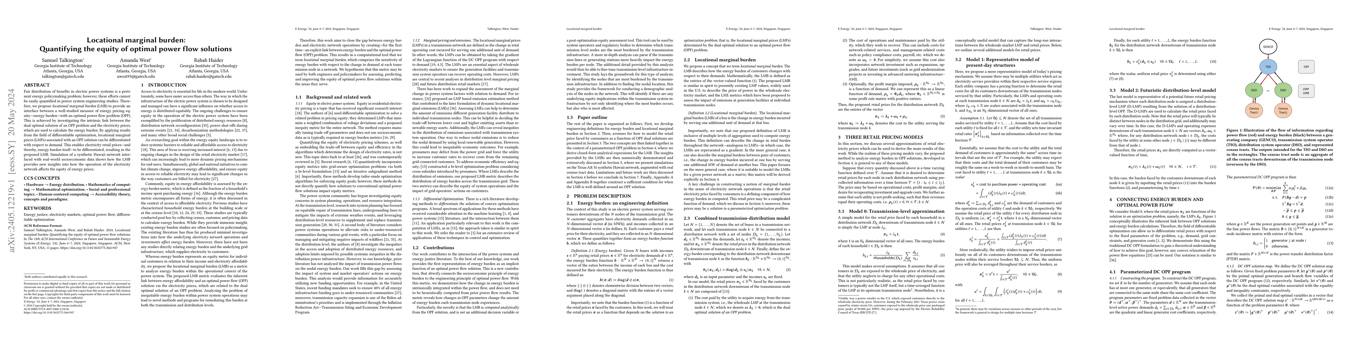 Thumbnail for Locational marginal burden: Quantifying the equity of optimal power flow
  solutions