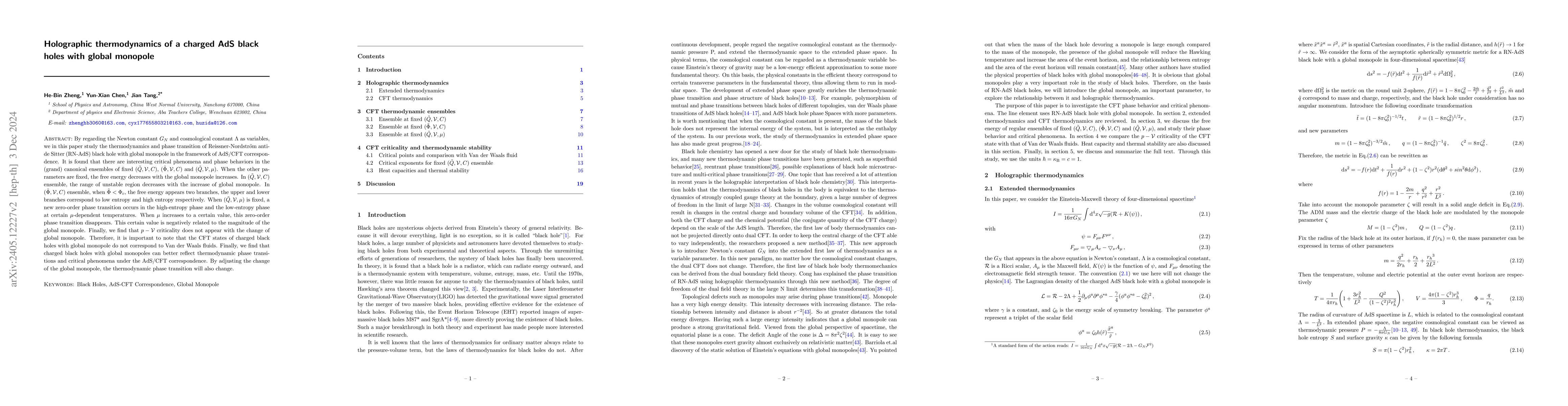 Thumbnail for Holographic thermodynamics of a charged AdS black holes with global
  monopole