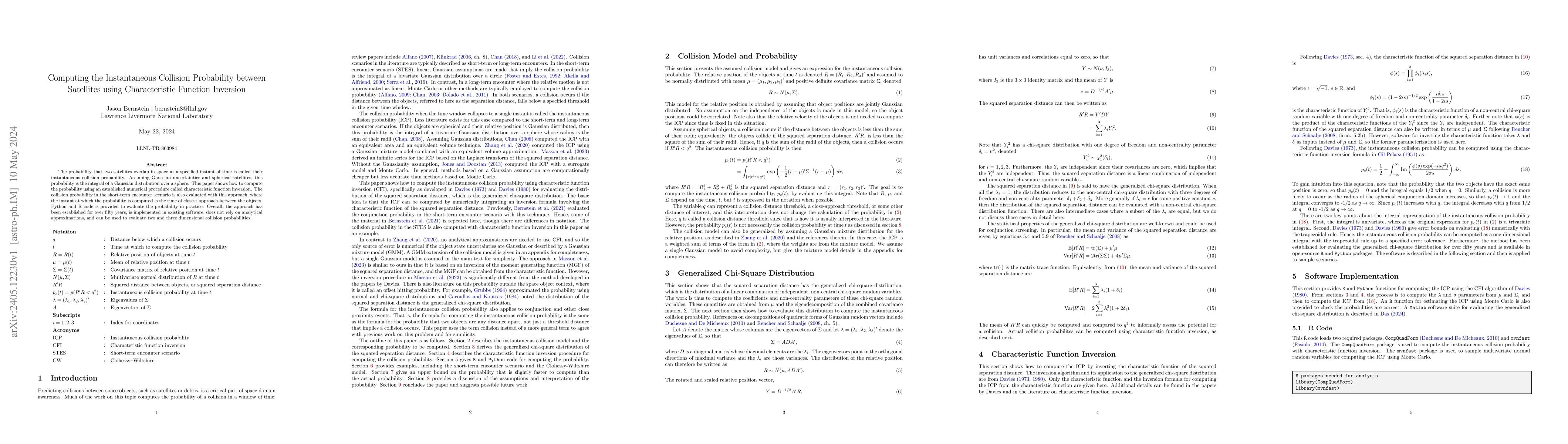 Thumbnail for Computing the Instantaneous Collision Probability between Satellites
  using Characteristic Function Inversion