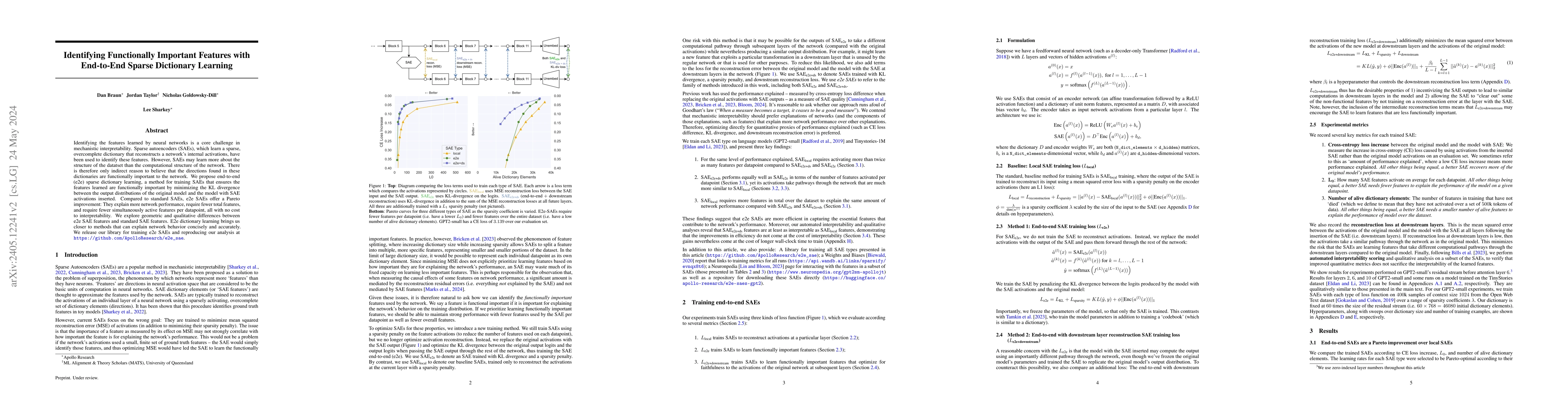 Thumbnail for Identifying Functionally Important Features with End-to-End Sparse
  Dictionary Learning
