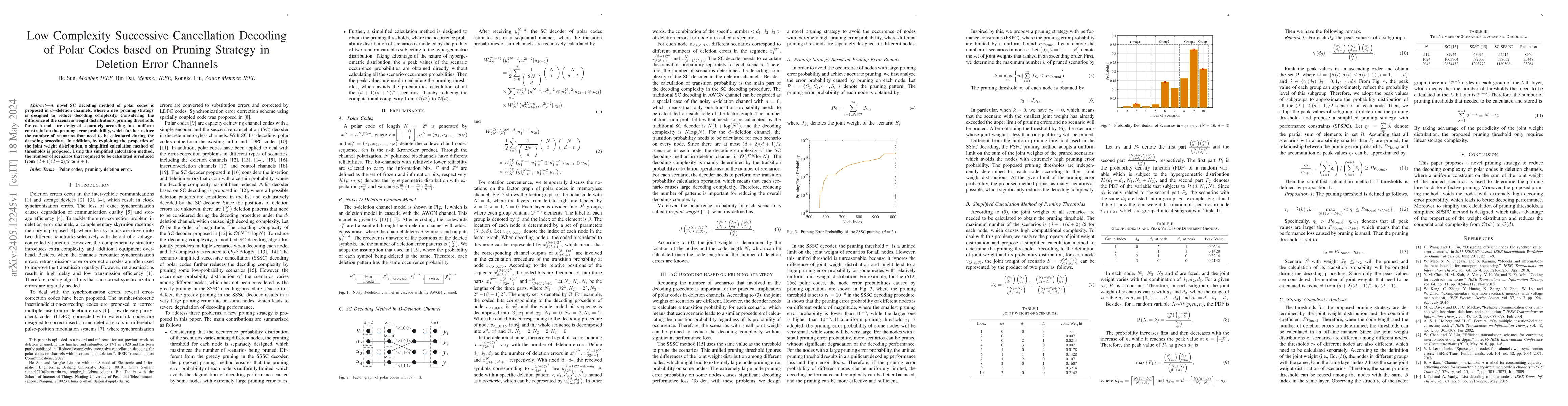 Thumbnail for Low Complexity Successive Cancellation Decoding of Polar Codes based on
  Pruning Strategy in Deletion Error Channels