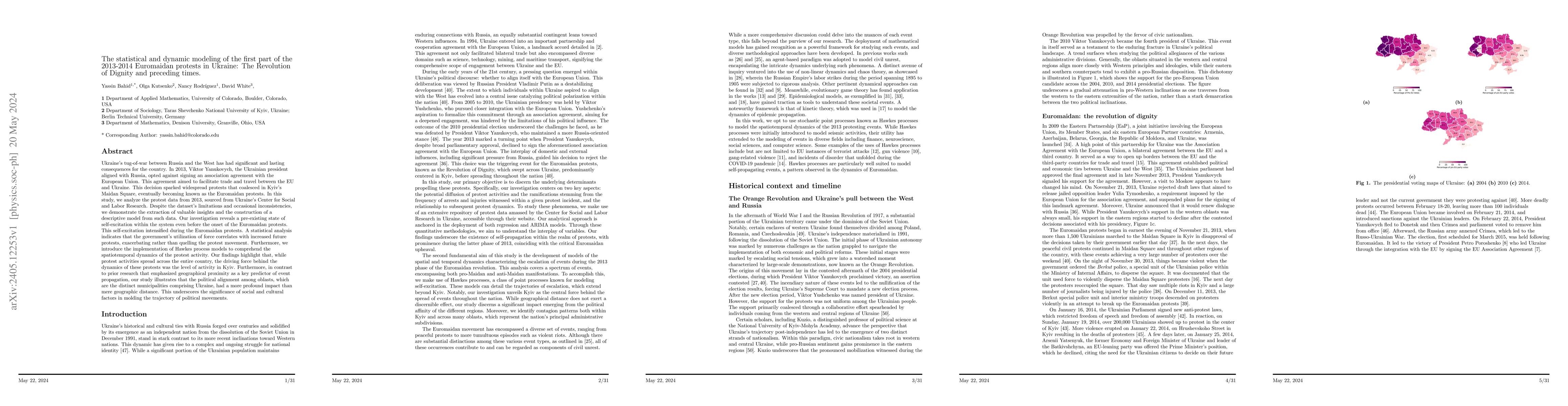 Thumbnail for The statistical and dynamic modeling of the first part of the 2013-2014
  Euromaidan protests in Ukraine: The Revolution of Dignity and preceding times