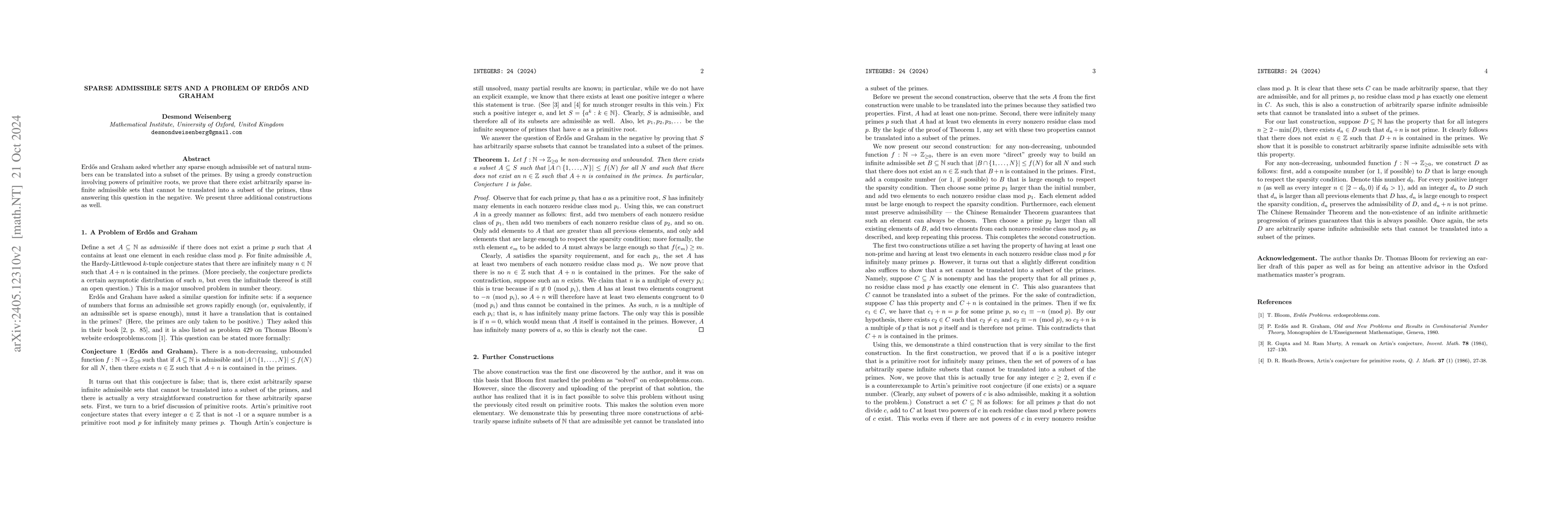 Thumbnail for Sparse Admissible Sets and a Problem of Erd\H{o}s and Graham