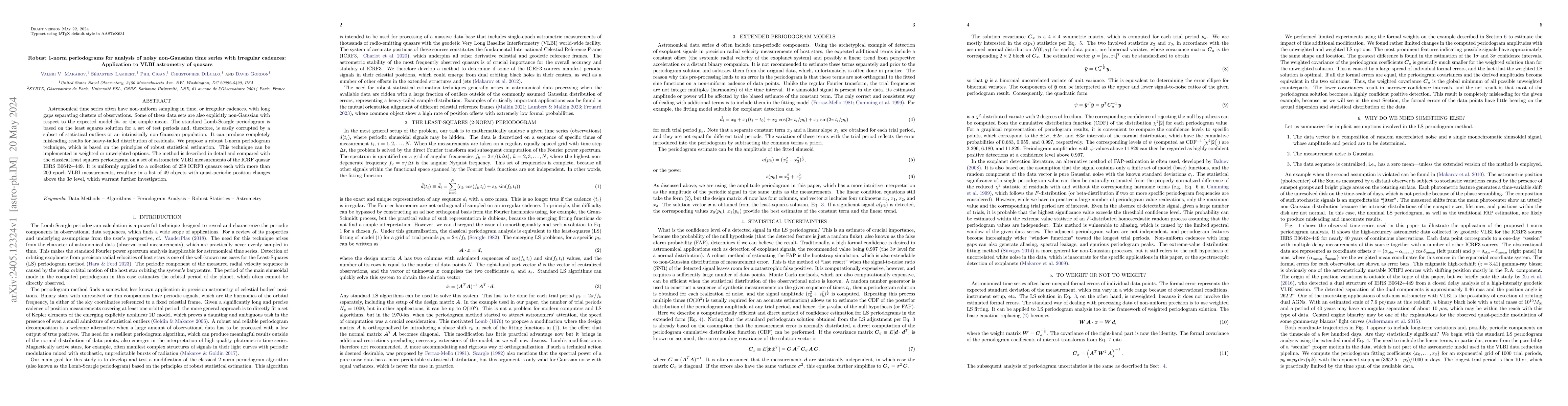 Thumbnail for Robust 1-norm periodograms for analysis of noisy non-Gaussian time
  series with irregular cadences: Application to VLBI astrometry of quasars