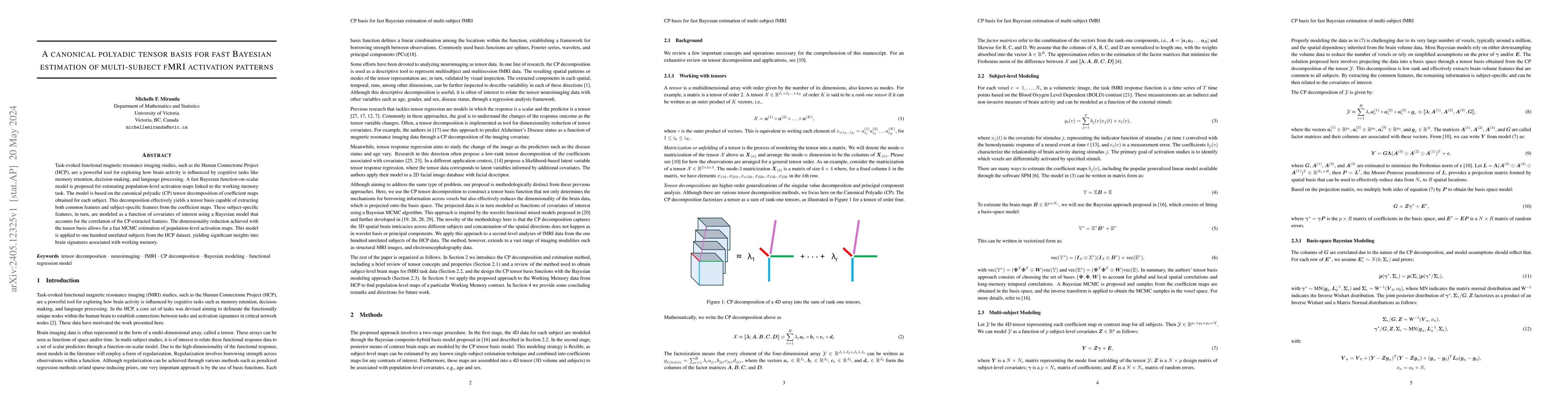 Thumbnail for A canonical polyadic tensor basis for fast Bayesian estimation of
  multi-subject fMRI activation patterns