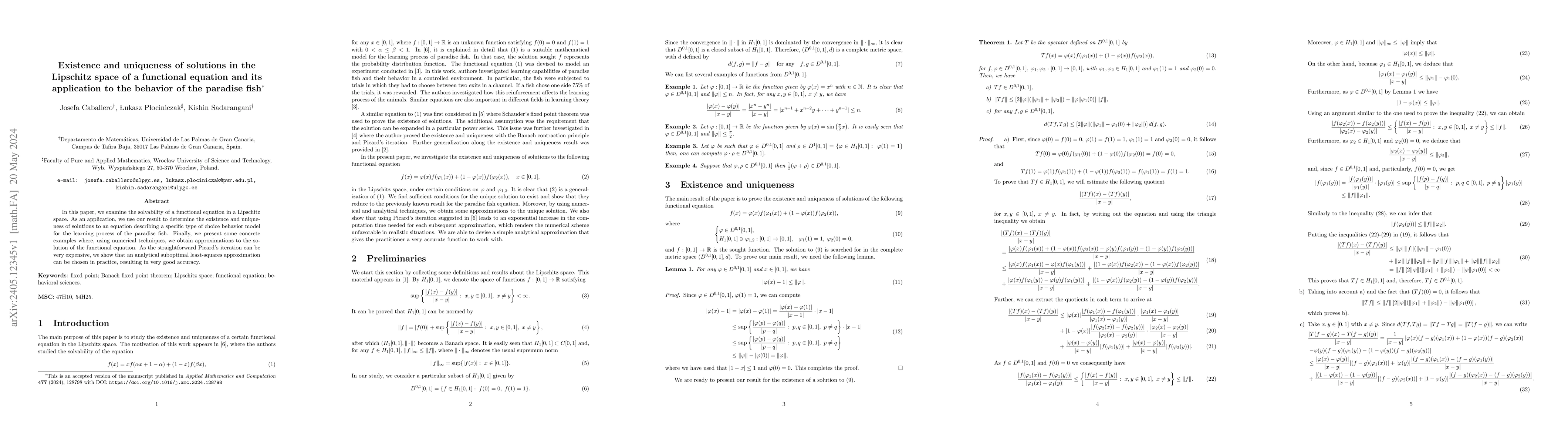 Thumbnail for Existence and uniqueness of solutions in the Lipschitz space of a
  functional equation and its application to the behavior of the paradise fish