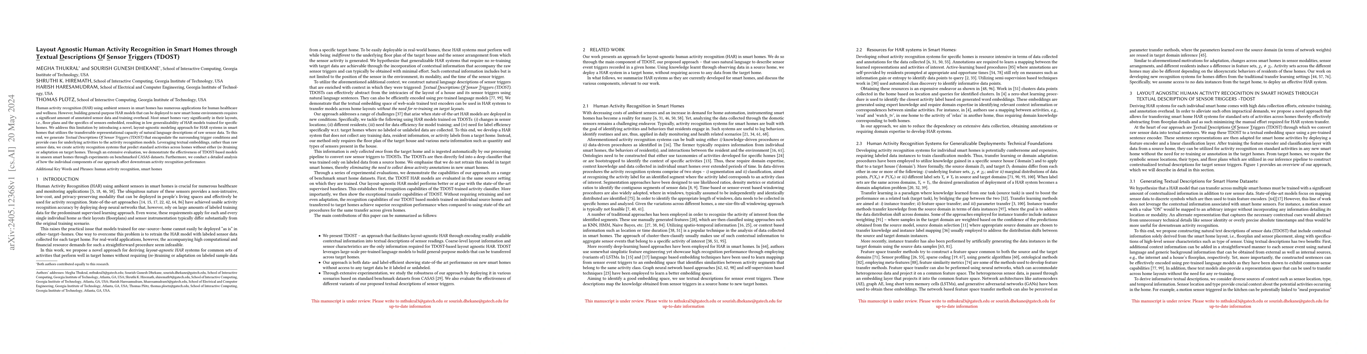 Thumbnail for Layout Agnostic Human Activity Recognition in Smart Homes through
  Textual Descriptions Of Sensor Triggers (TDOST)