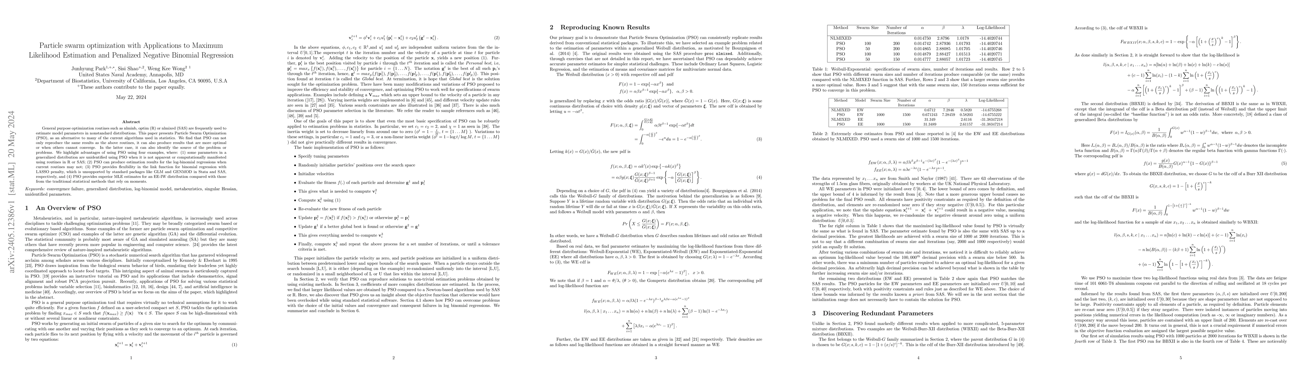 Thumbnail for Particle swarm optimization with Applications to Maximum Likelihood
  Estimation and Penalized Negative Binomial Regression