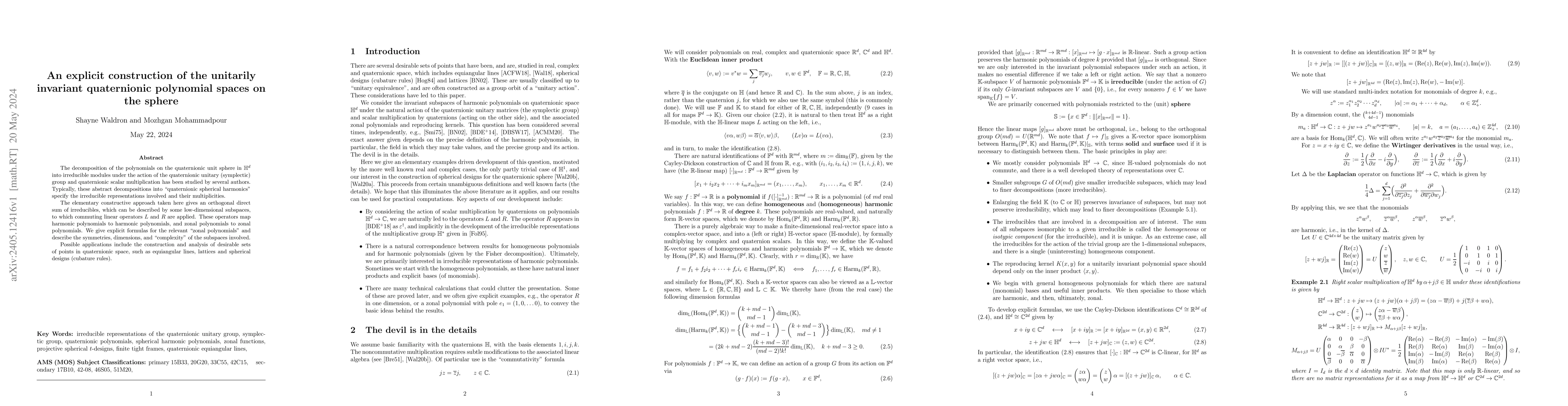 Thumbnail for An explicit construction of the unitarily invariant quaternionic
  polynomial spaces on the sphere