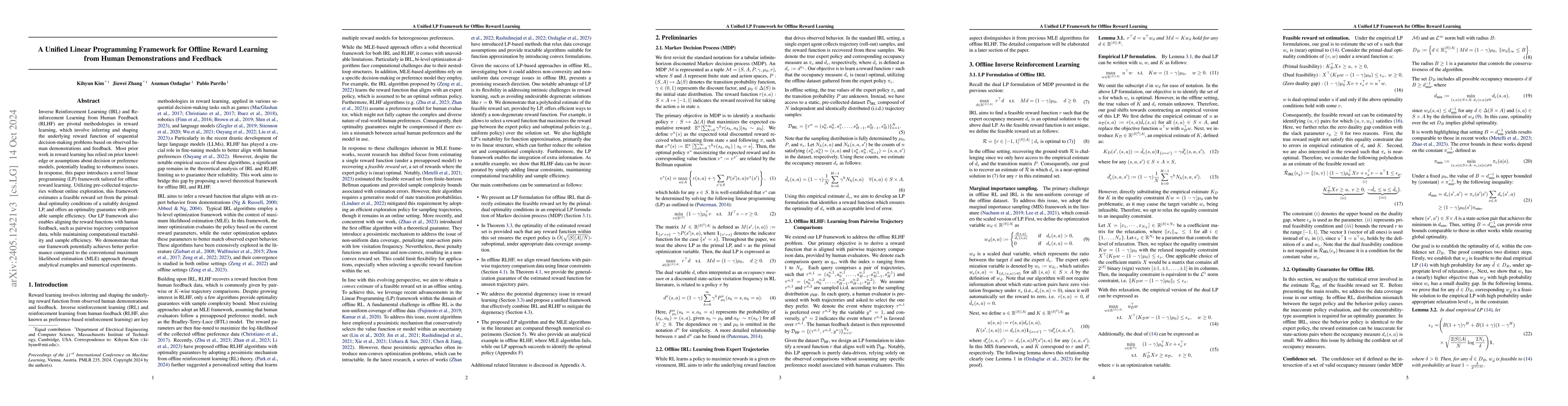 Thumbnail for A Unified Linear Programming Framework for Offline Reward Learning from
  Human Demonstrations and Feedback