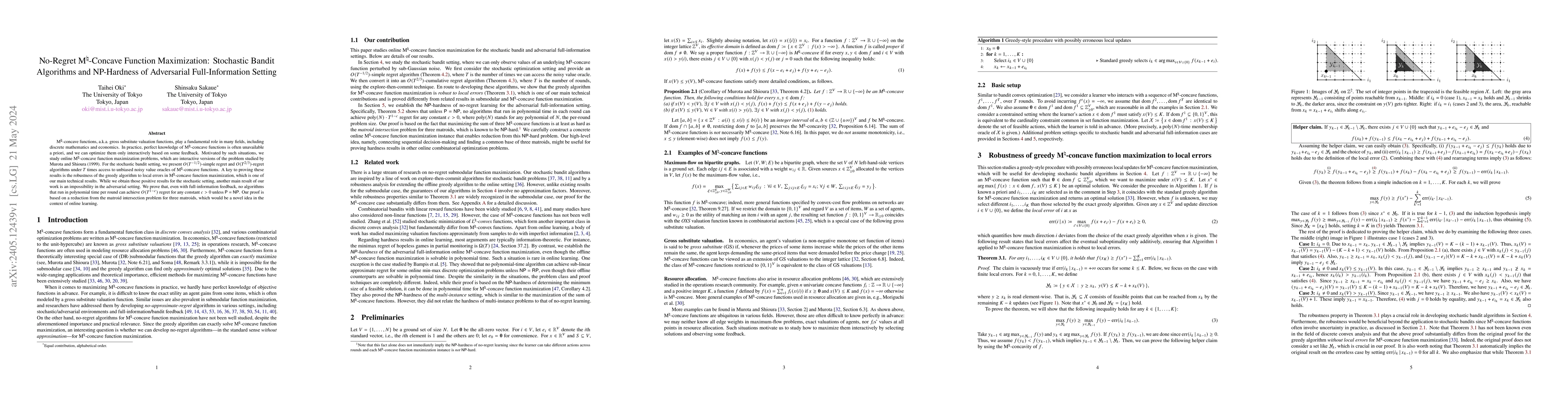 Thumbnail for No-Regret M${}^{\natural}$-Concave Function Maximization: Stochastic
  Bandit Algorithms and NP-Hardness of Adversarial Full-Information Setting