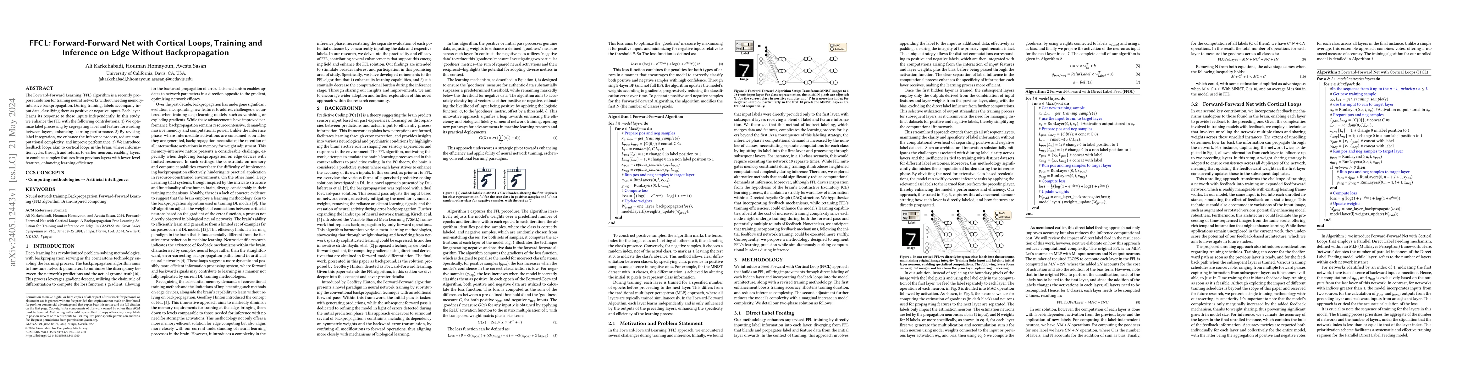 Thumbnail for FFCL: Forward-Forward Net with Cortical Loops, Training and Inference on
  Edge Without Backpropagation